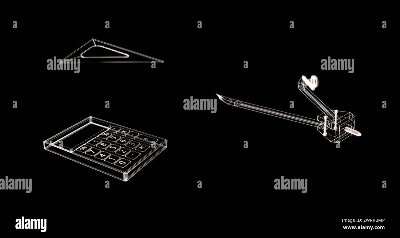 Image of school icons over mathematical equations on black background ...