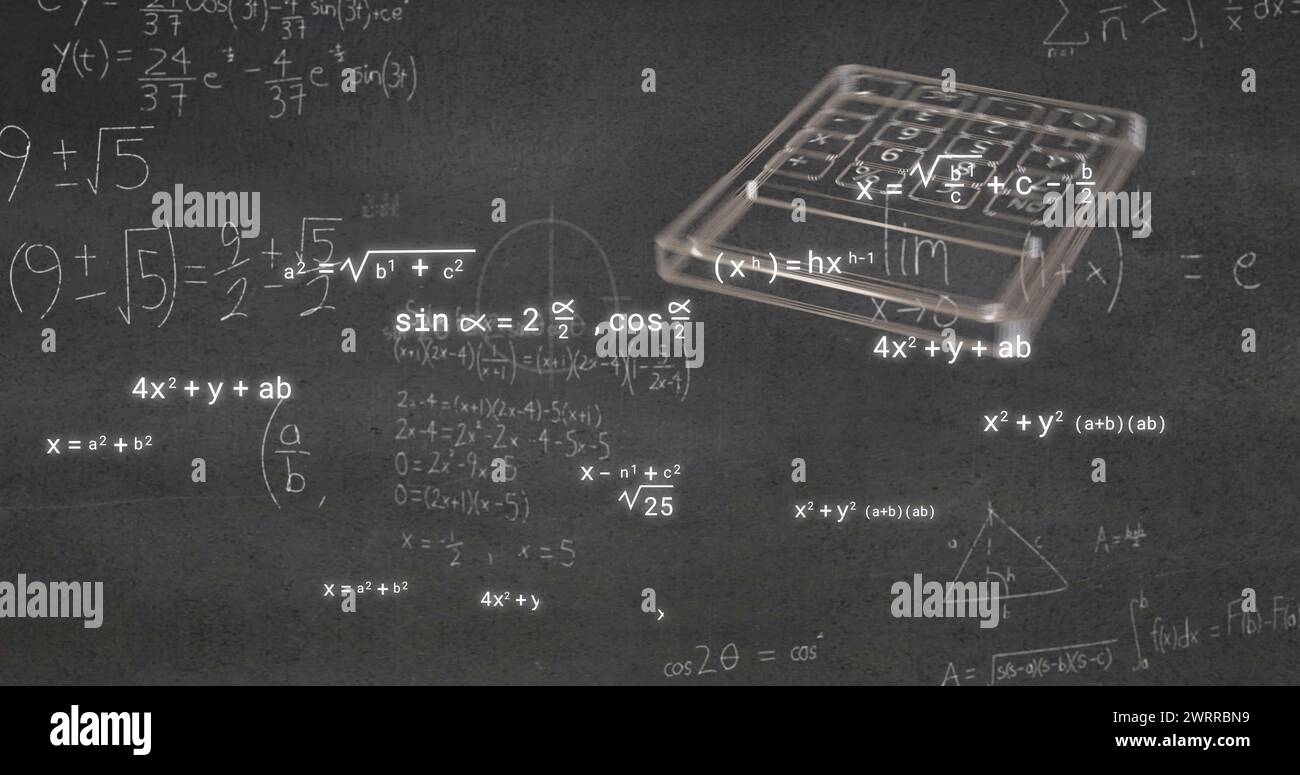 Image of school icons over mathematical equations on grey background Stock Photo