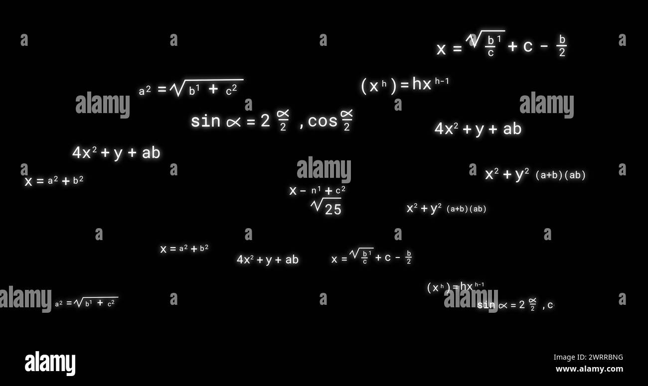Image of icons over mathematical equations on black background Stock Photo