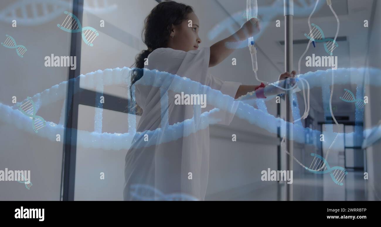 Image of data processing over biracial girl patient with drip in ...