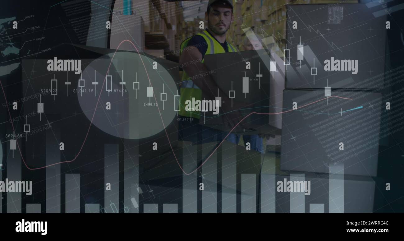 Man Box Statistics Statistical data processing against caucasian delivery man stacking ...