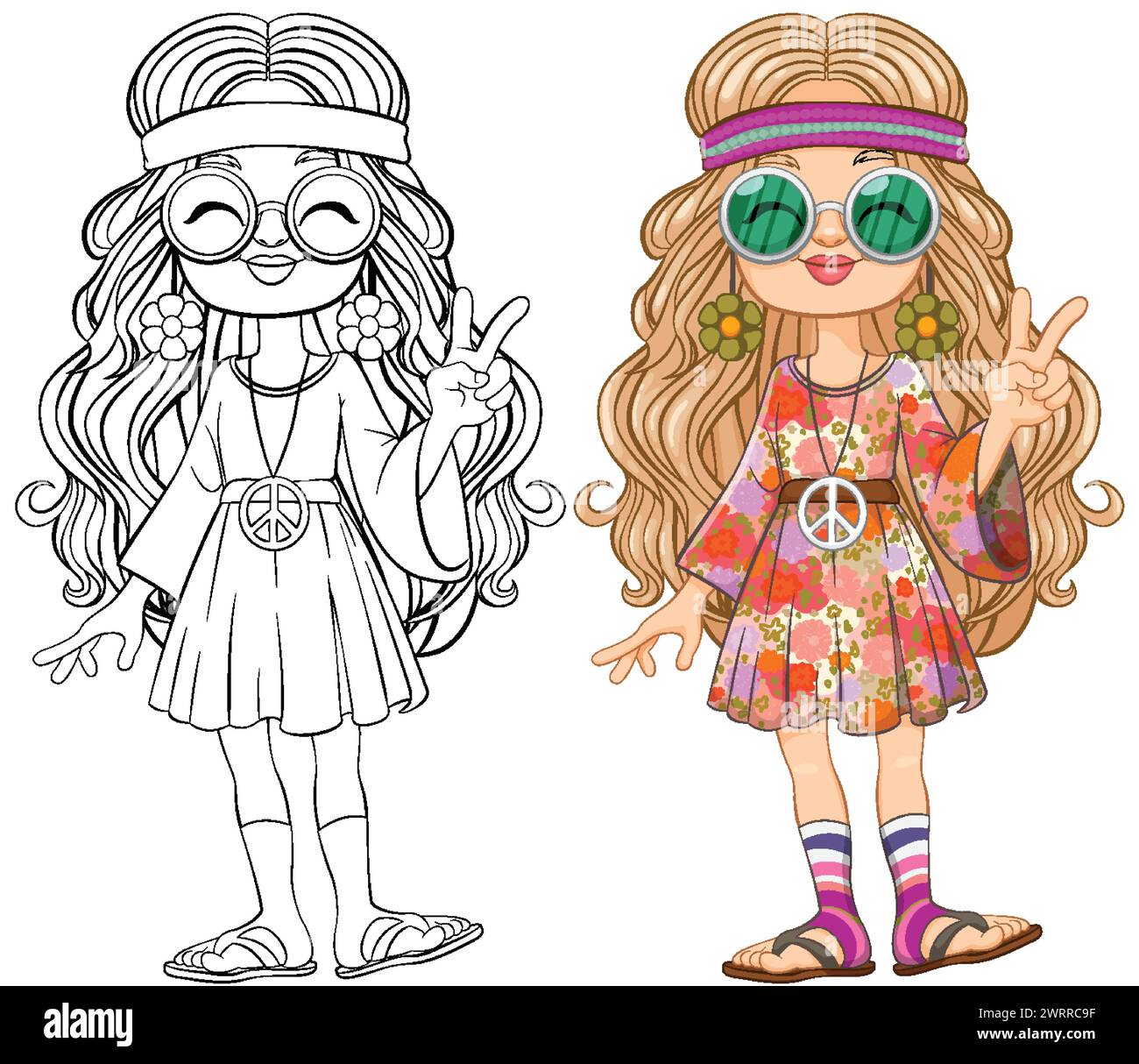 Two girls in colorful hippie attire showing peace signs. Stock Vector