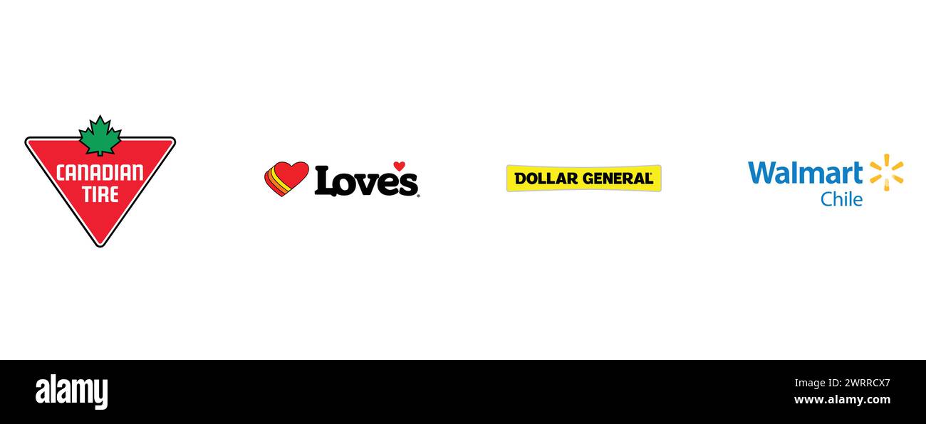 DOLLAR GENERAL, WALMART CHILE, CANADIAN TIRE, LOVES. Editorial vector