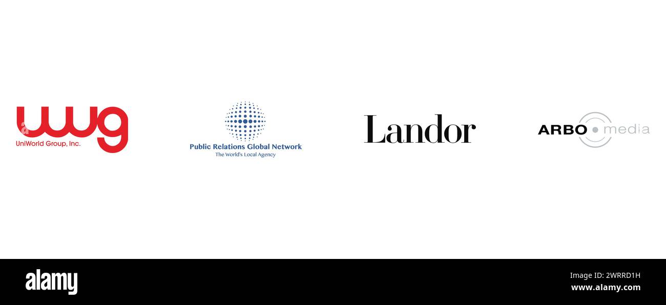 LANDOR, UNIWORLD GROUP UWG, PUBLIC RELATIONS GLOBAL NETWORK, ARBO MEDIA. Editorial vector logo collection. Stock Vector