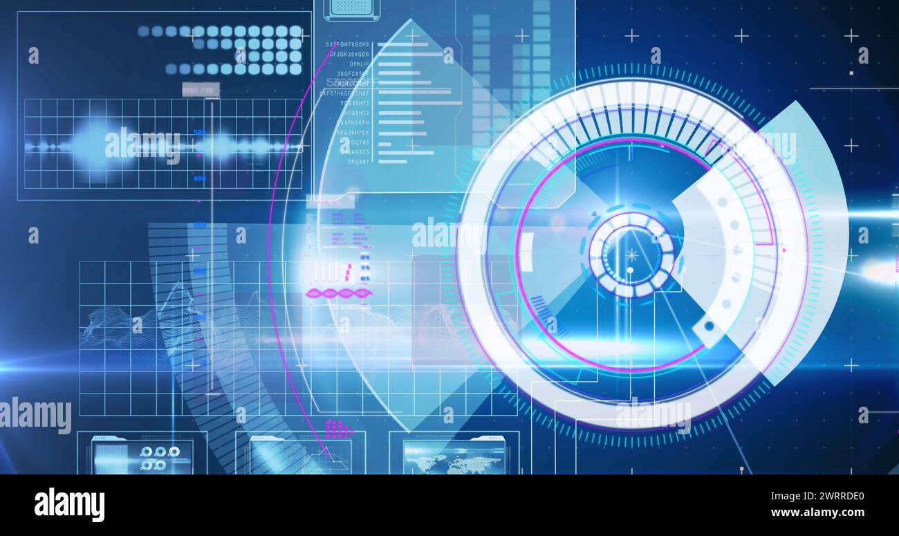 Image of scope scanning and data processing over grid and screens Stock ...