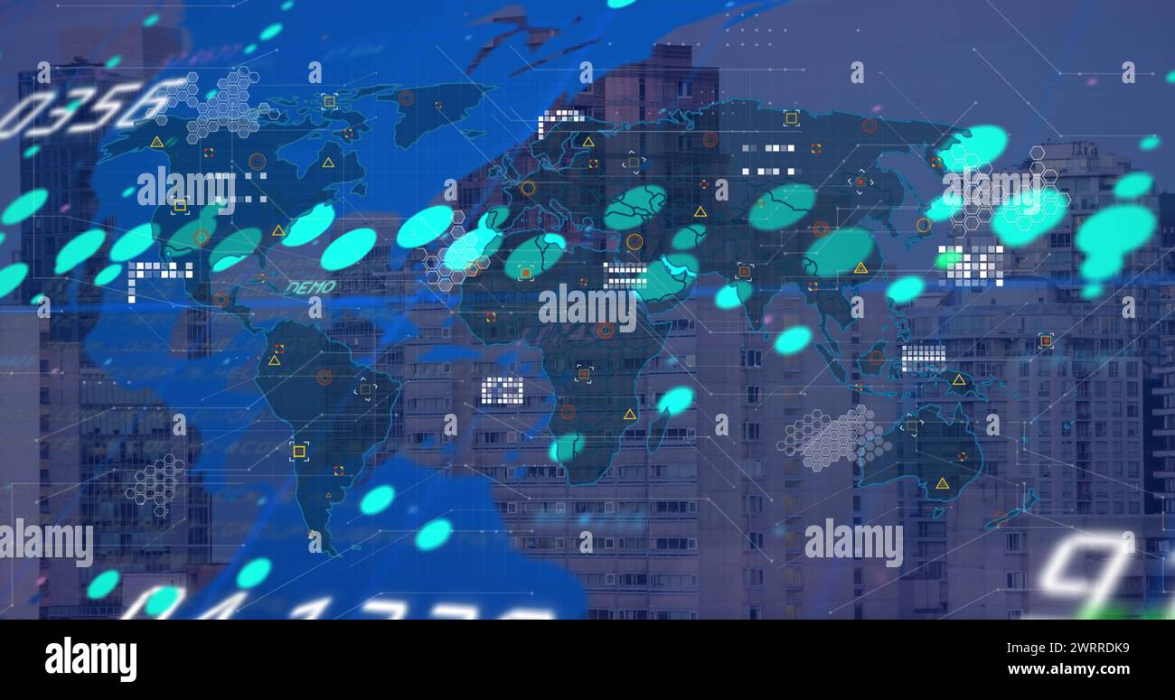 Image of world map and financial data processing over cityscape Stock ...