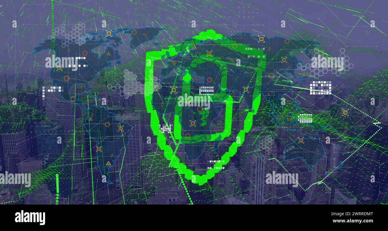 Image of padlock icon and world map with data processing over cityscape ...