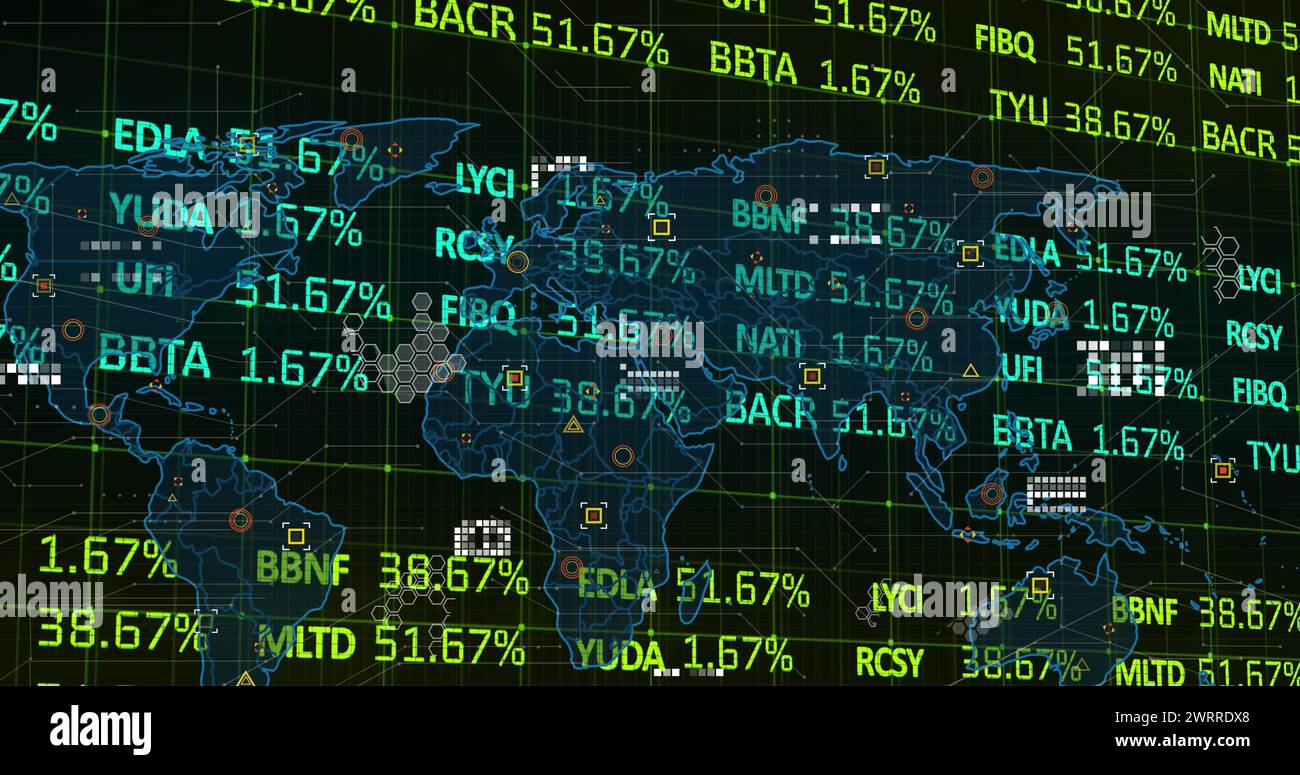 Image of financial data processing and world map on black background ...