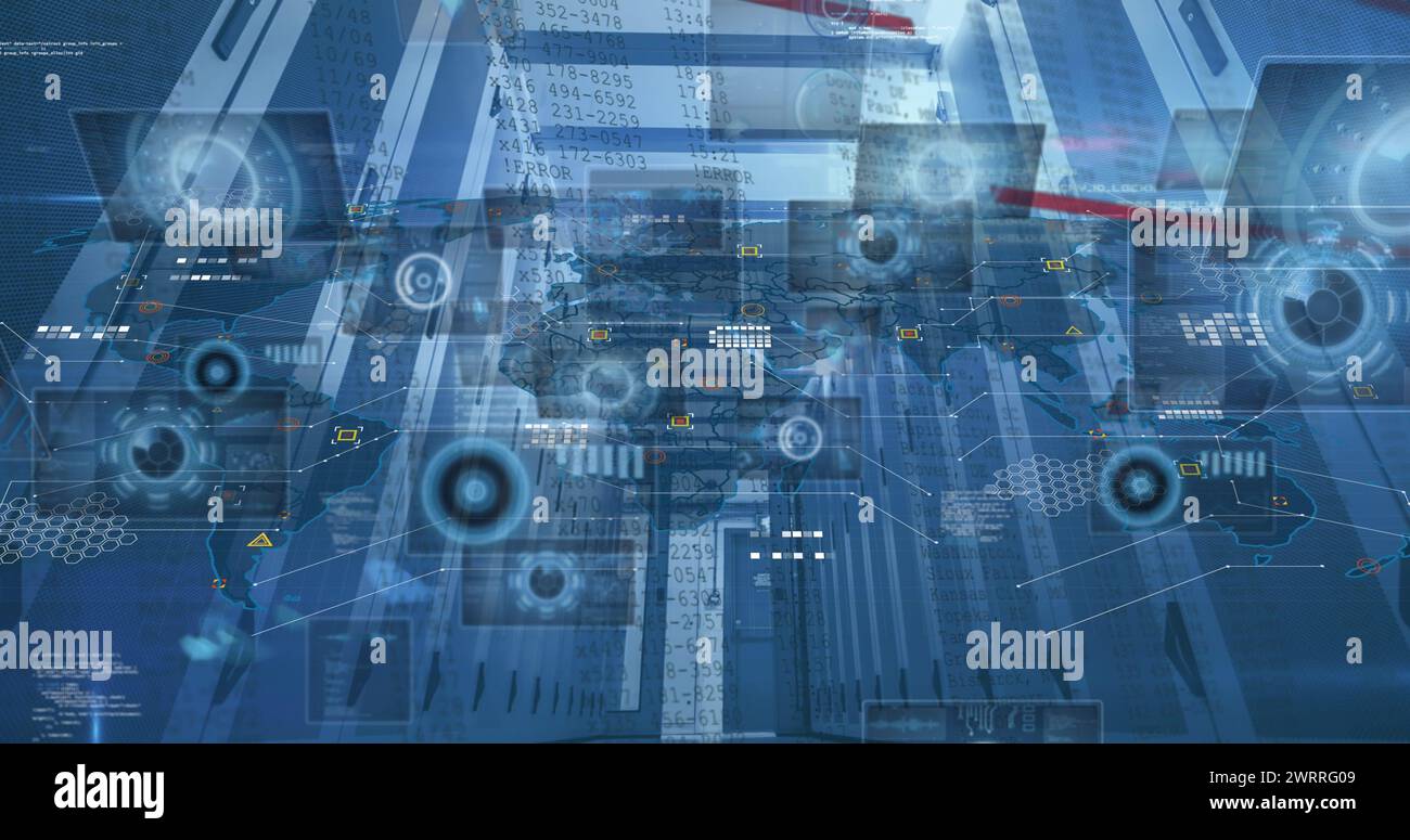 Image of scopes scanning and data processing over world map computer ...