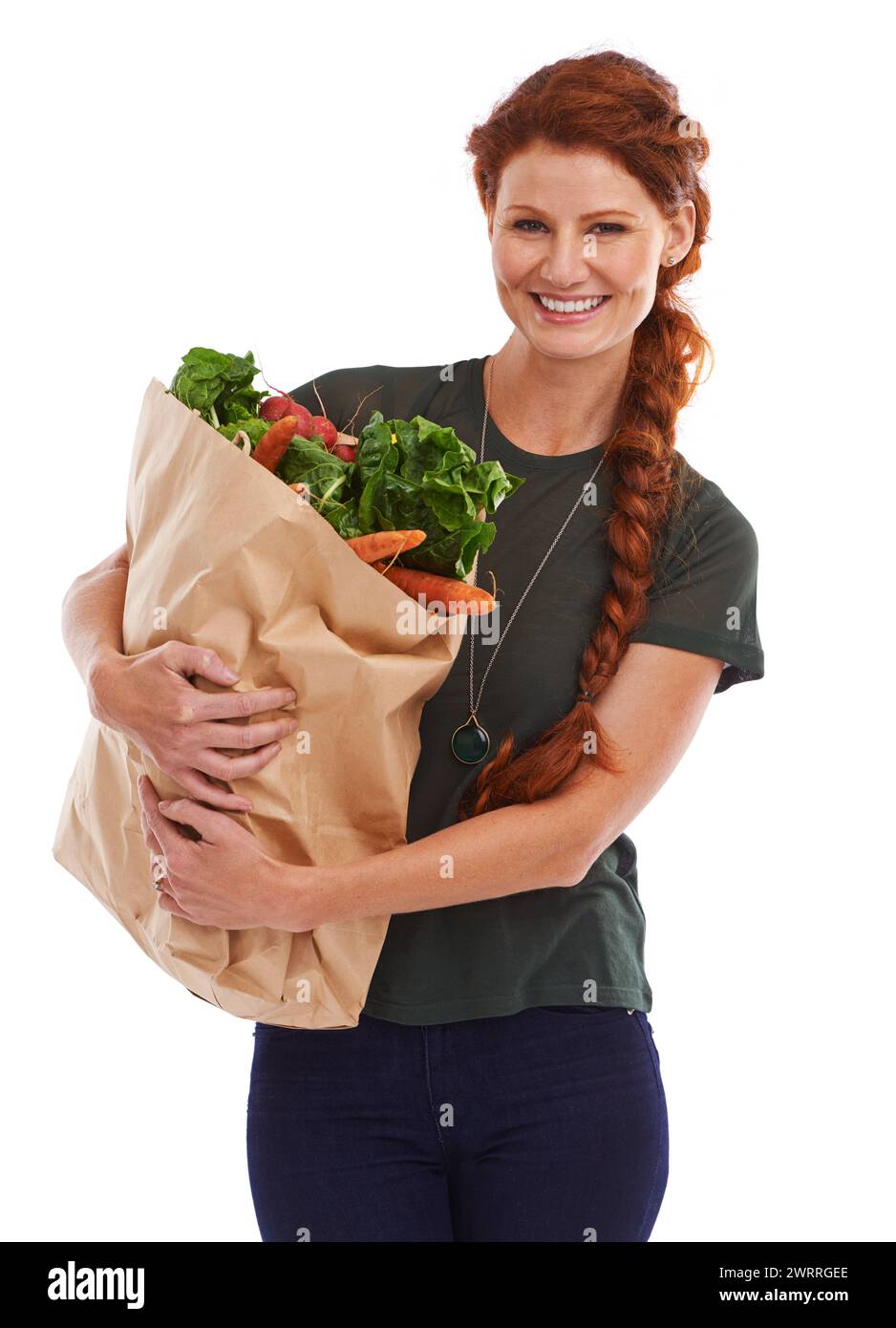 Happy woman, portrait and groceries in studio for product, discount and vegetable shopping. Person, delivery offer and smile in white background for Stock Photo
