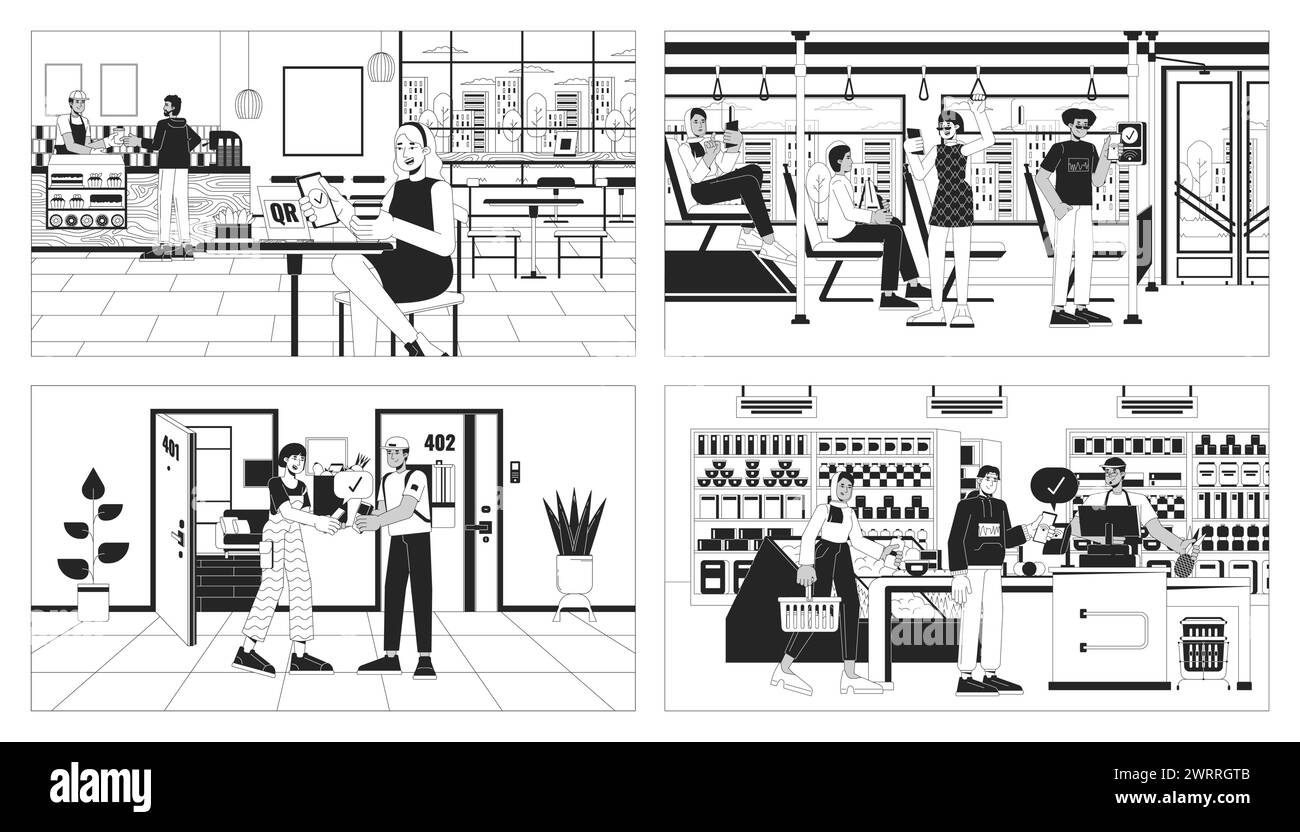 NFC technology everyday black and white line illustration set Stock Vector