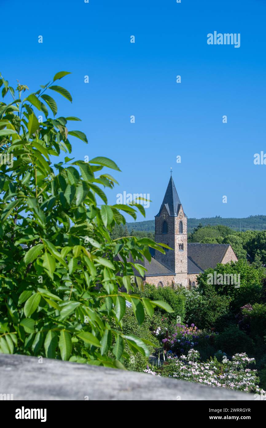 The view from the Ulmen castle ruins to the St. Matthias Church Stock ...