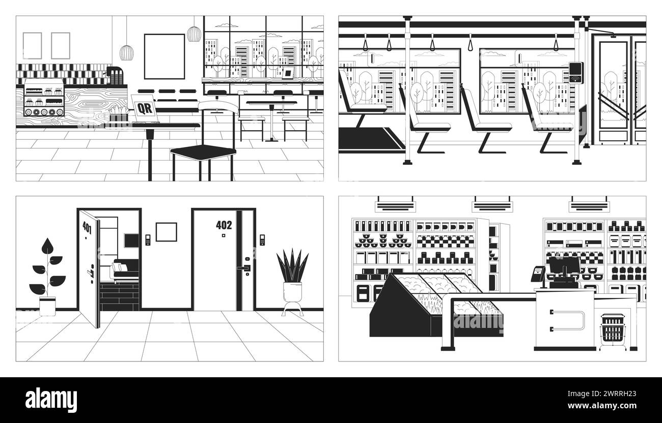 Public space interior black and white line illustration set Stock Vector