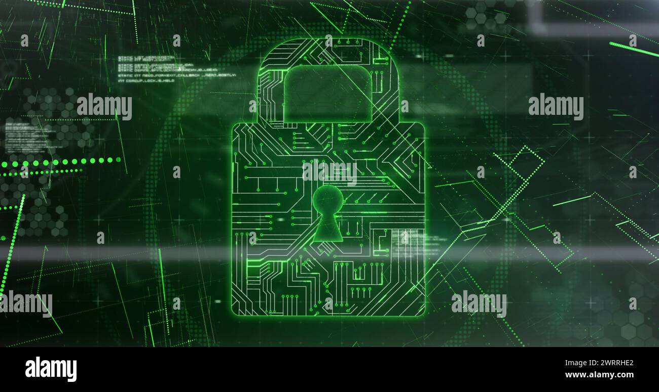Image of network of envelope icons and online security padlock over computer circuit board Stock Photo