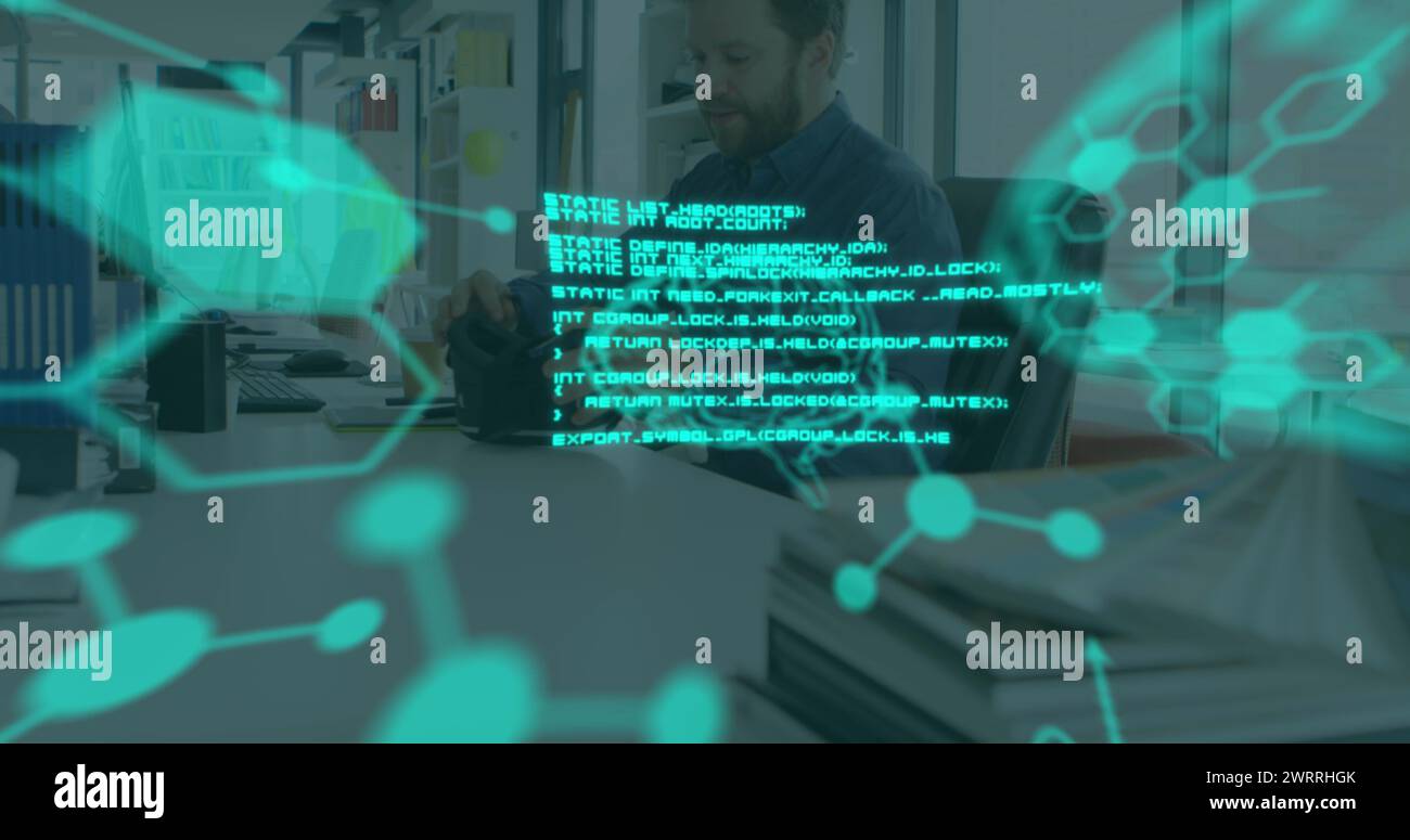 Image of brain and medical data processing on interface, over man using ...