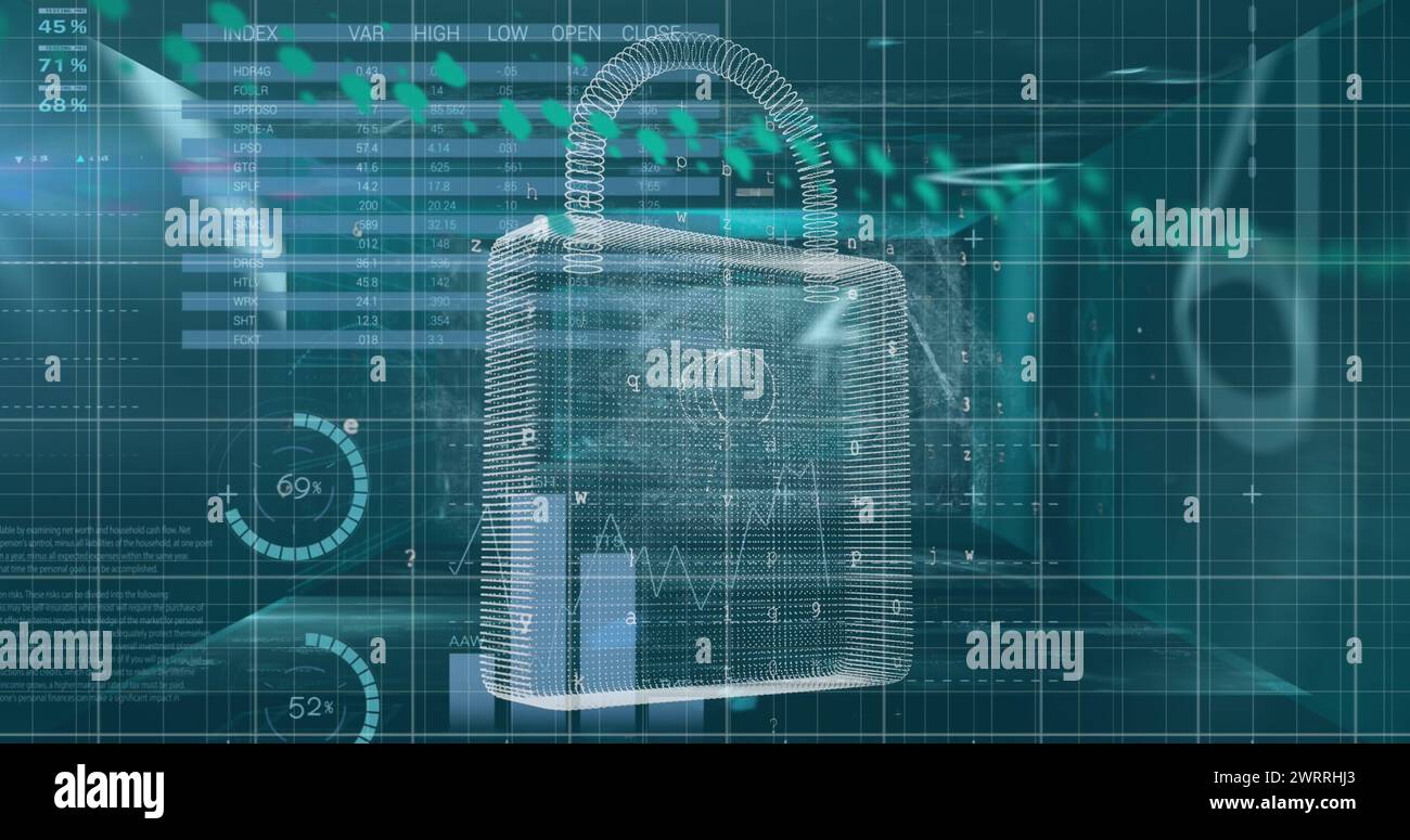 Image of financial data and graphs over digital padlock in green space Stock Photo
