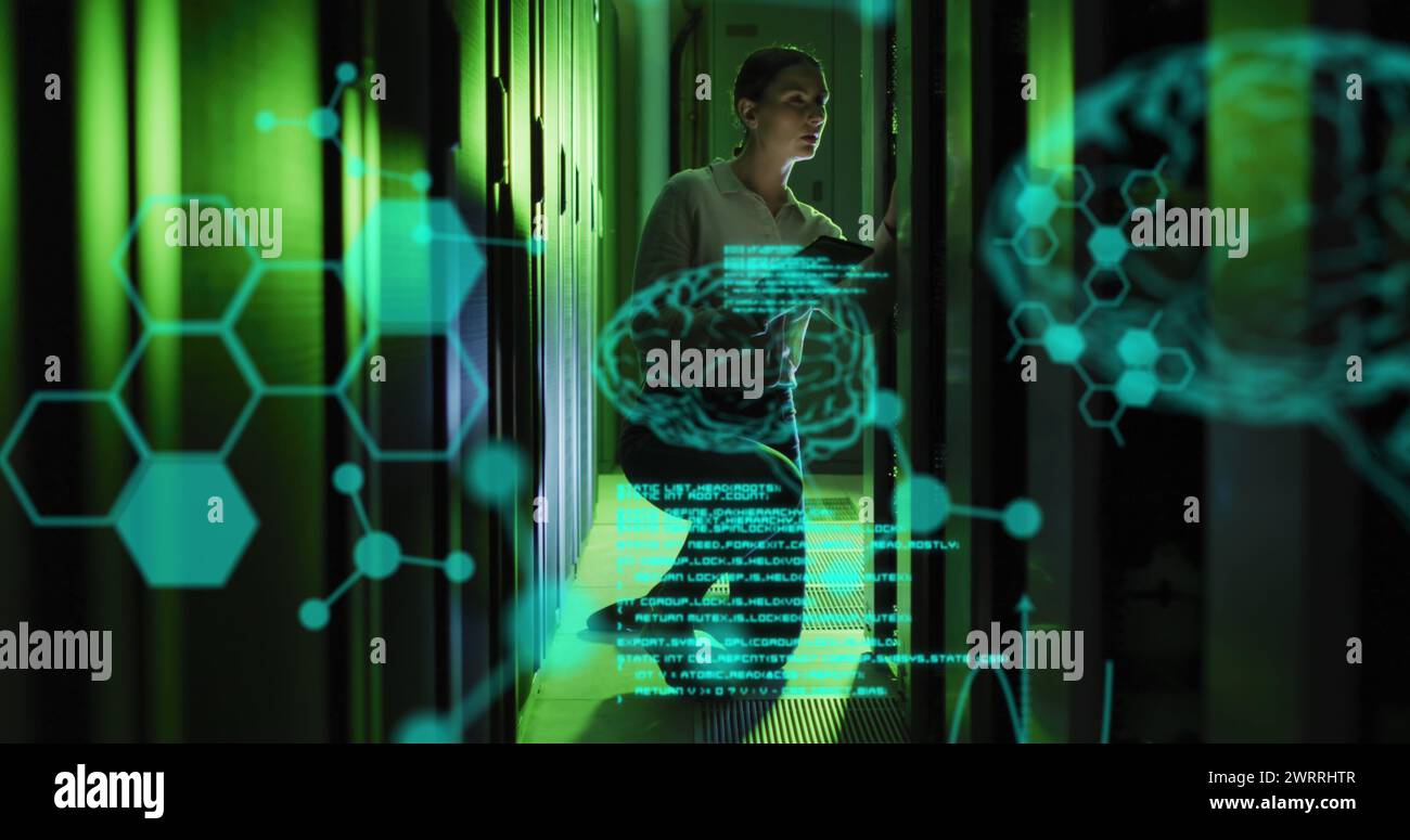Image of data processing and digital brain over caucasian woman in server room Stock Photo