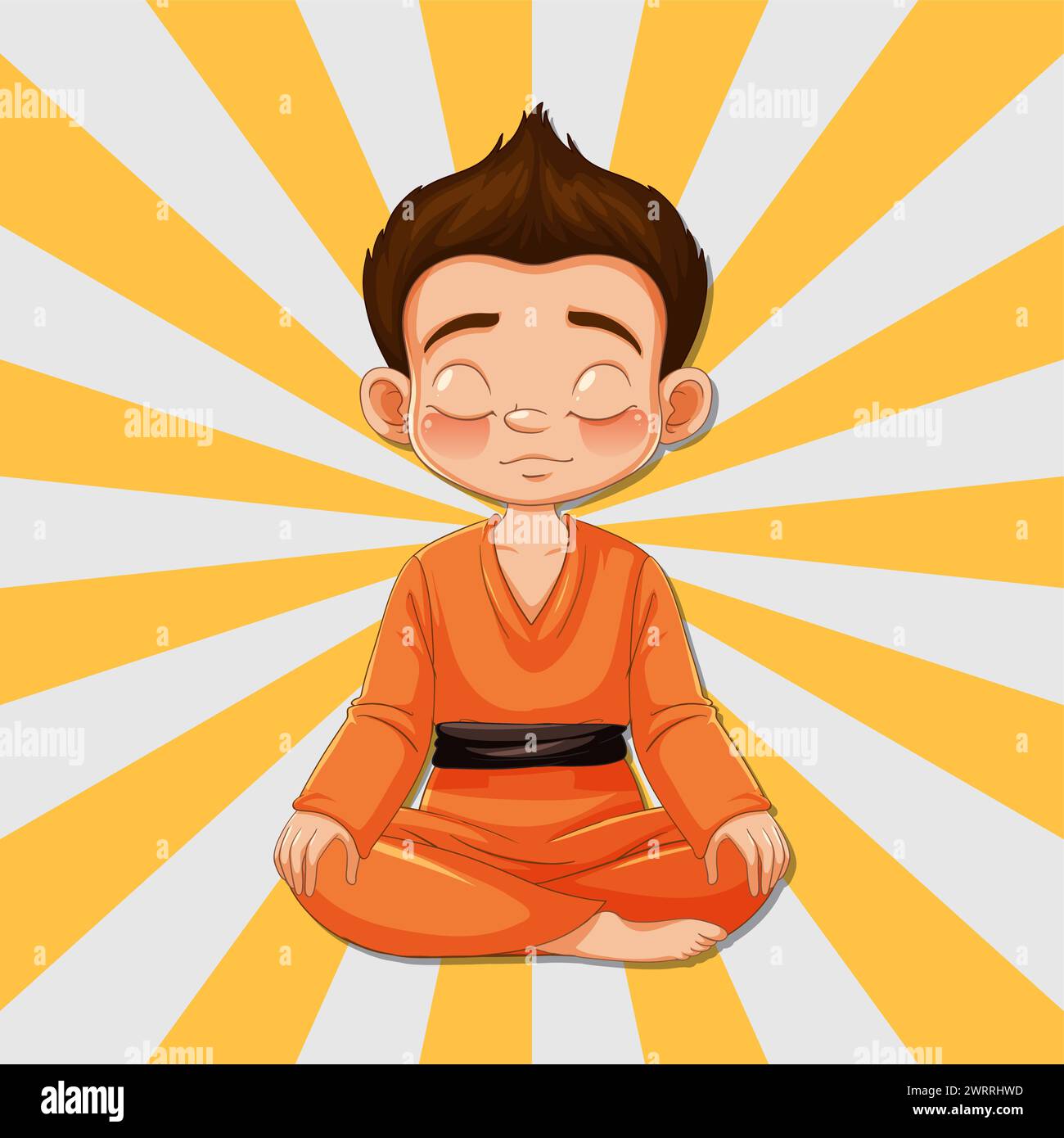 Cartoon kid meditating with a radiant background Stock Vector
