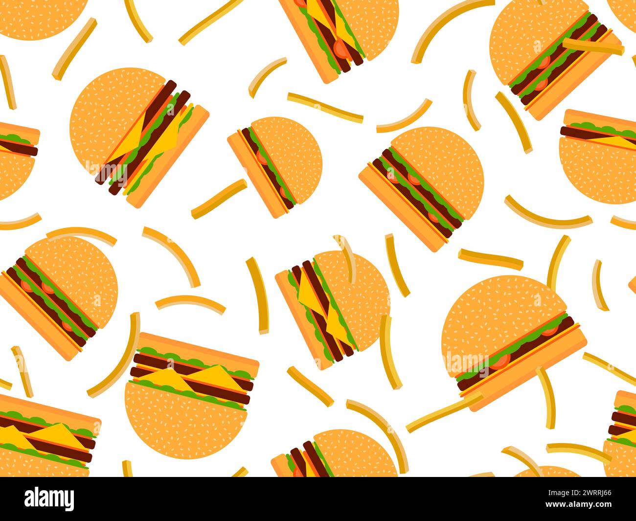 Seamless pattern with cheeseburgers and fries. Fast food. Cheeseburger with two cutlets. Bun with sesame seeds, cutlet, cheese and sauces. Design for Stock Vector