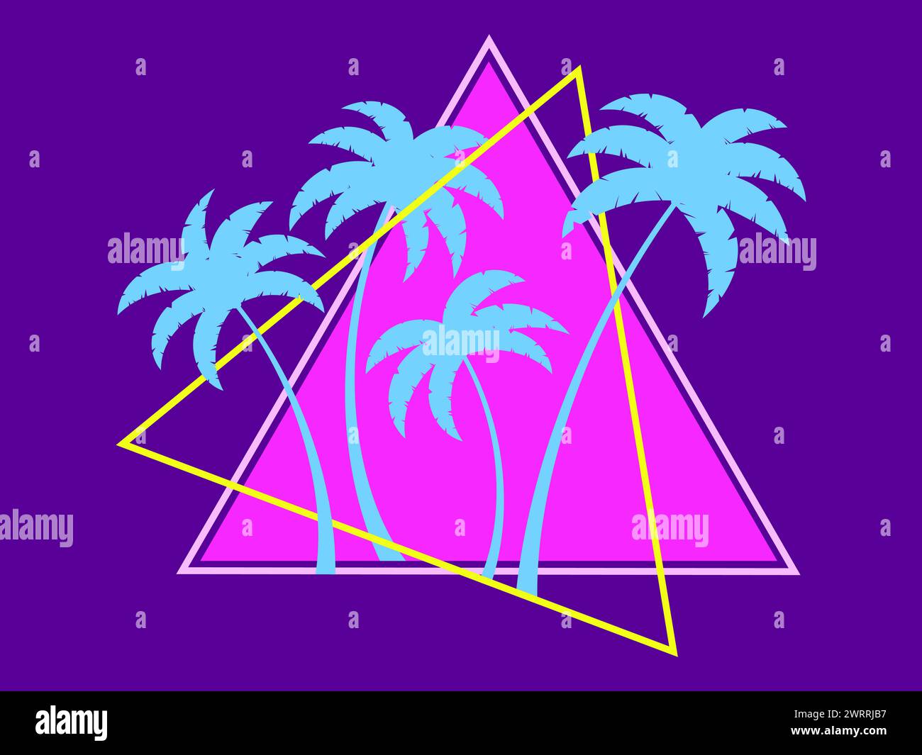Palm trees in the futuristic style of the 80s. Triangle with silhouettes of tropical palm trees synthwave 80s. Design for banners and posters, adverti Stock Vector