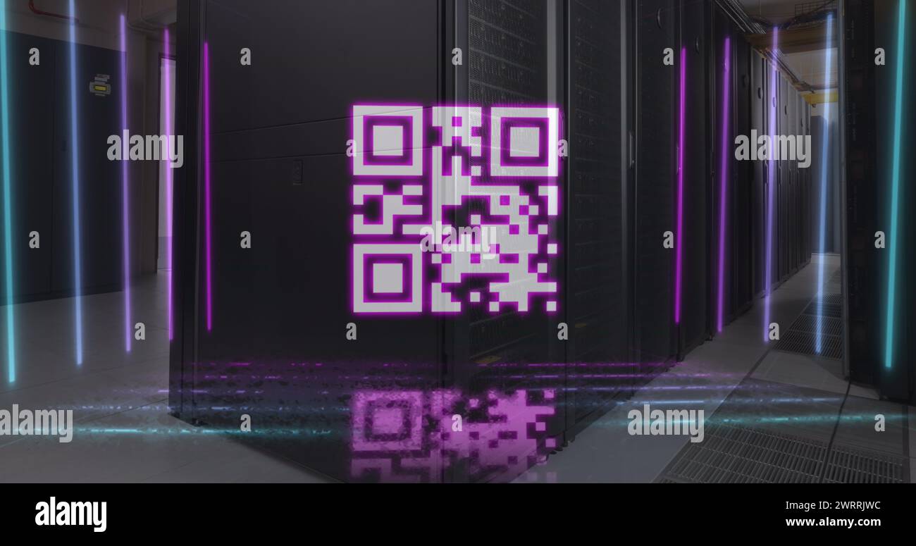 Image of neon qr code scanner against computer server room Stock Photo ...