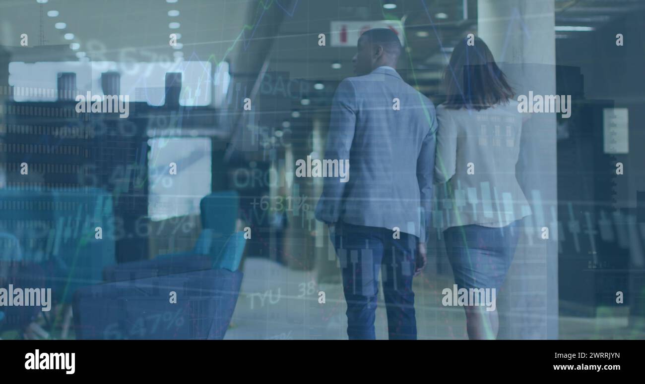 Business people discuss global economy with digital financial graphs in