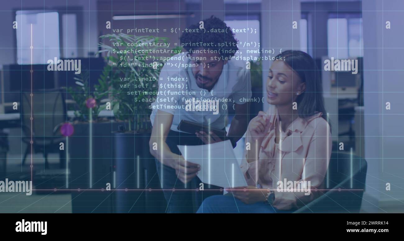 Image of graph, programming language over diverse coworkers discussing ...