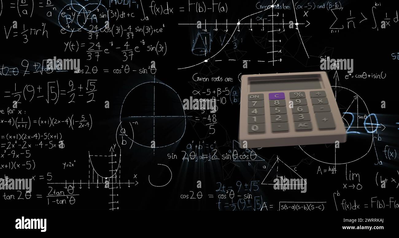 Image of calculator moving and mathematical equations on black background Stock Photo