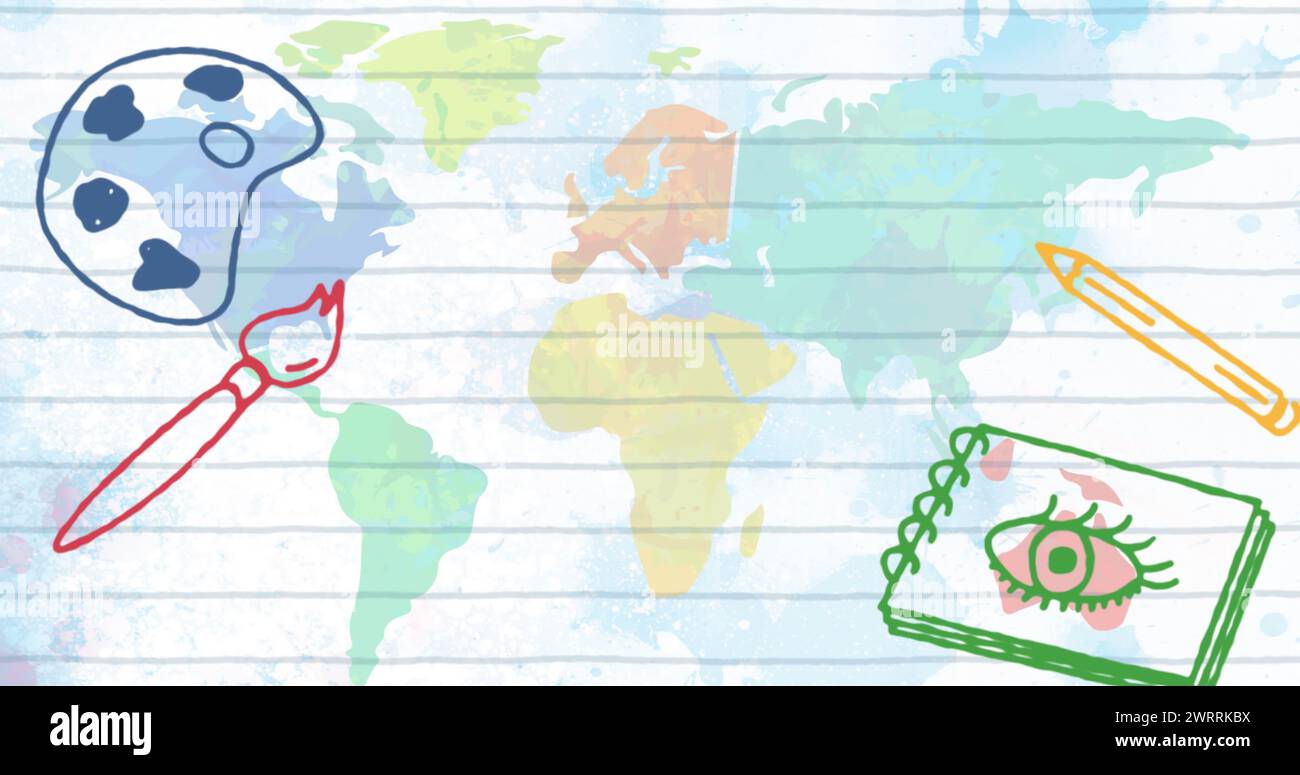 Image of school and art icons over world map Stock Photo - Alamy