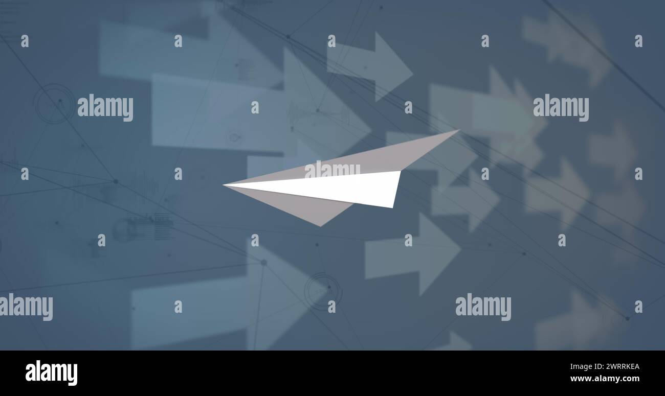 Image of paper plane and arrows moving over data processing on white background Stock Photo