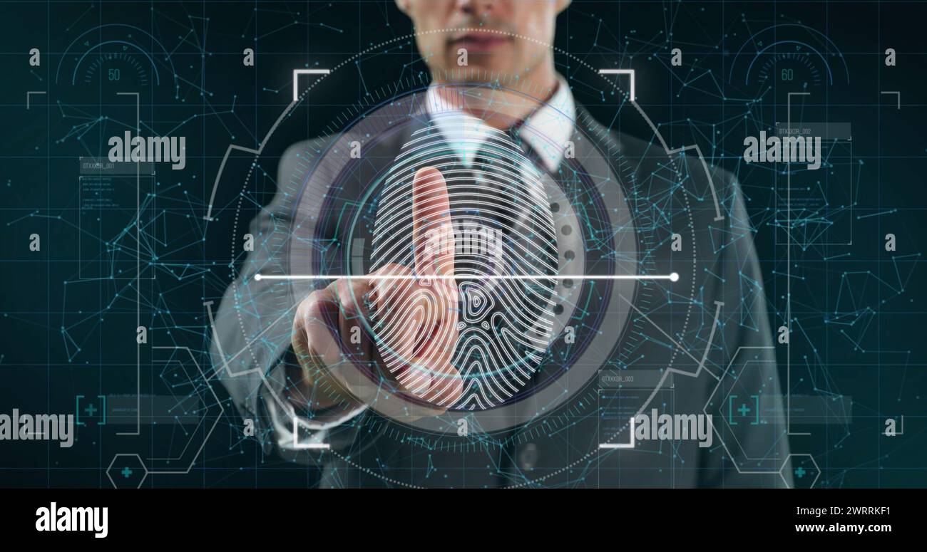 Image of scope scanning and biometric fingerprint with businessman ...