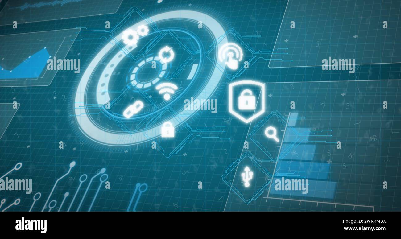 Image of multiple digital icons over interface with data processing ...
