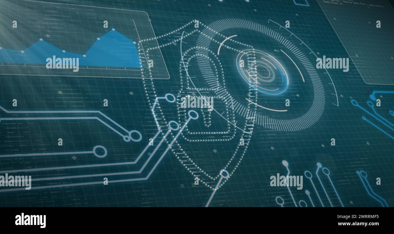 Padlock Graph Image of padlock and motherboard over graph and data processing. Global ...