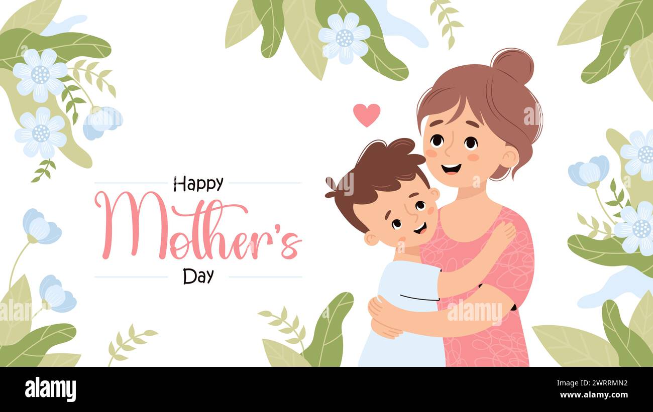 Mother's Day poster. Happy woman mom hugs son on white background with blue flowers. Horizontal festive floral banner. Vector illustration in flat car Stock Vector