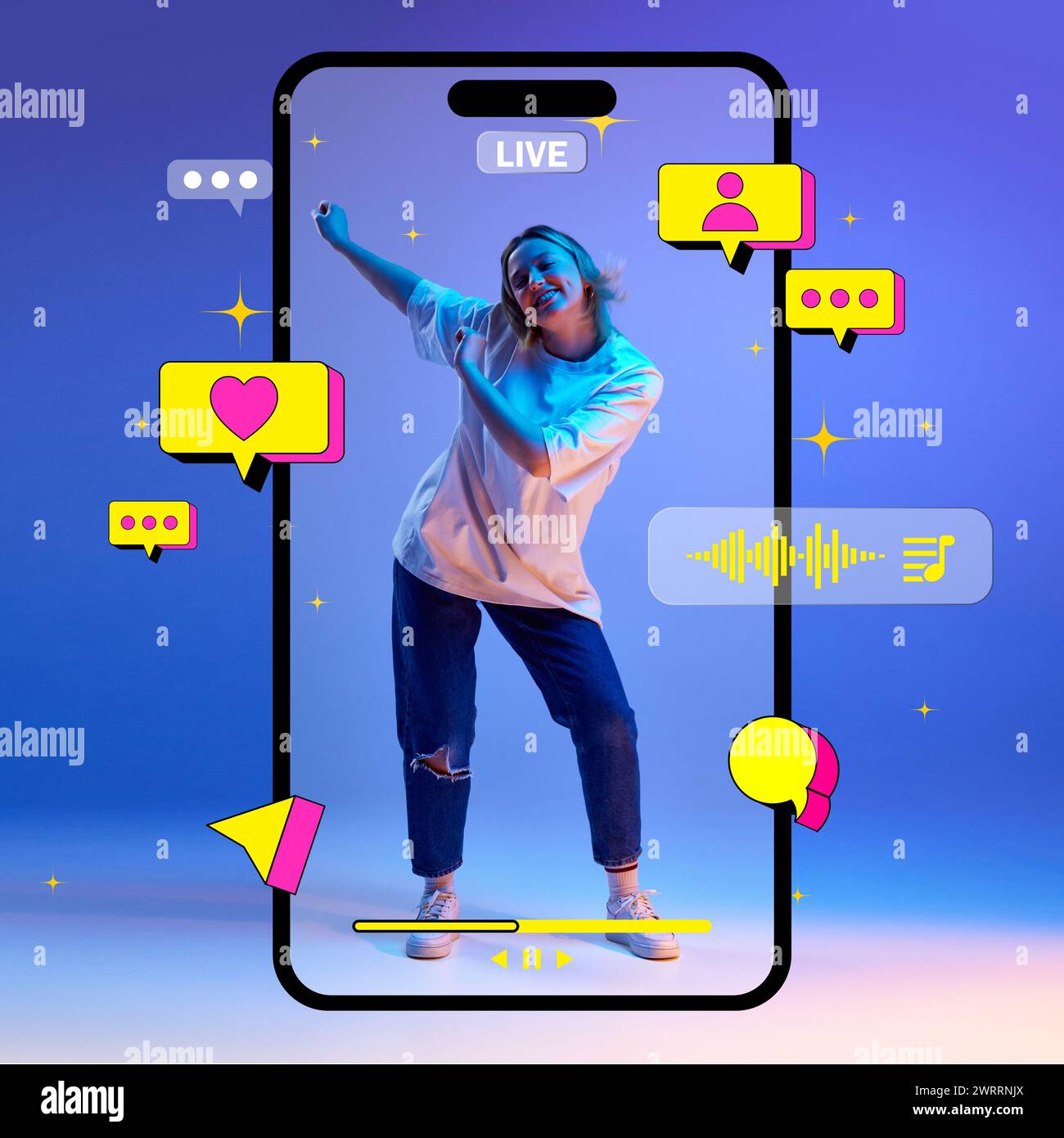 Social media live streaming. Happy young gird dancing inside giant mobile phone screen with different media icons of likes, followers and messages Stock Photo