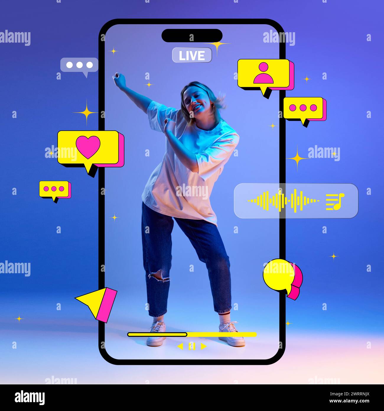 Social media live streaming. Happy young gird dancing inside giant ...
