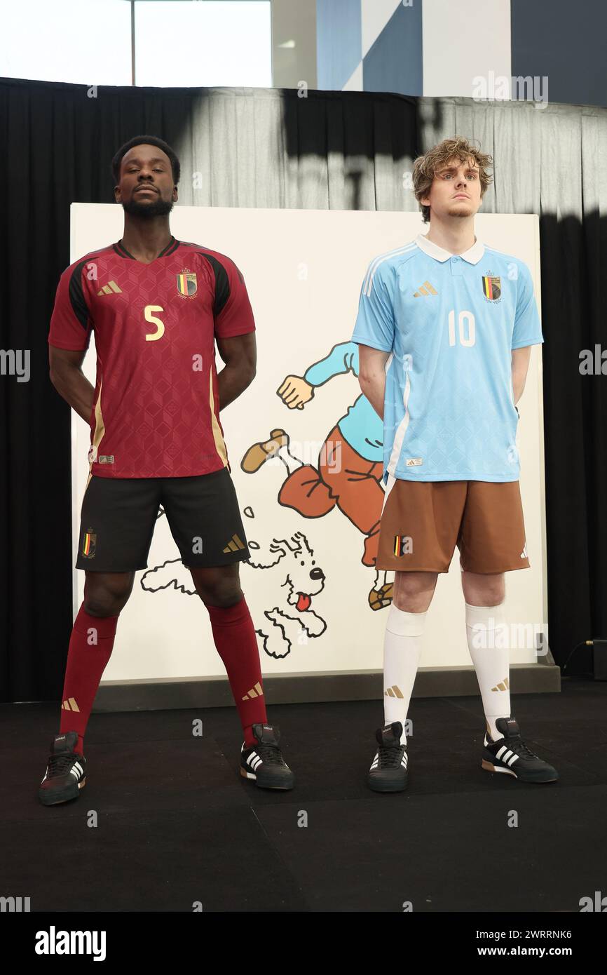 Louvain La Neuve, Belgium. 14th Mar, 2024. Two models show the home and away outfits, during a press conference of Belgian national soccer team Red Devils to present the new shirts for the UEFA Euro 2024 European Championship, Thursday 14 March 2024, at the Musee Herge in Louvain-la-Neuve. The new outfit, with light blue shirt with white collar, combined with brown shorts, refers to the iconic outfit of Kuifje - Tintin, the world-famous Belgian reporter-adventurer from the Herge comic books. BELGA PHOTO BRUNO FAHY Credit: Belga News Agency/Alamy Live News Stock Photo