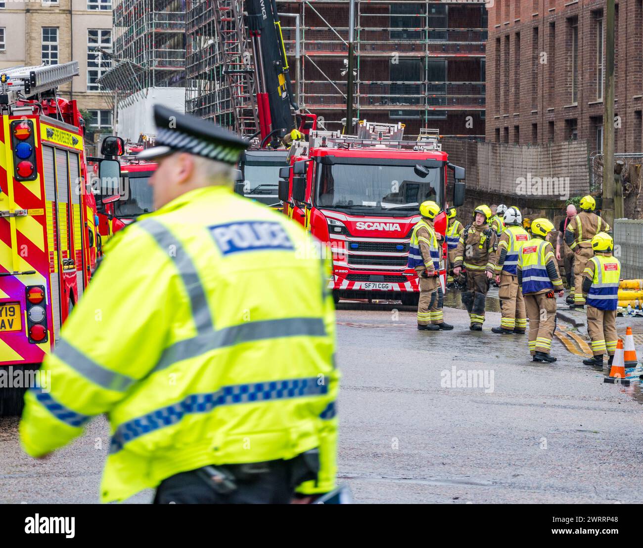Edinburgh, Scotland, UK, 14th March 2024. Fire at block of flats in Bonnington a major fire
