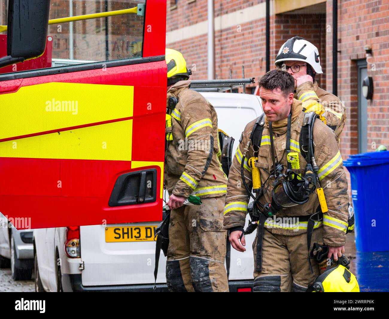 Edinburgh, Scotland, UK, 14th March 2024. Fire at block of flats in Bonnington: a major fire broke out in the converted bond warehouse. Emergency services and vehicles are in attendance including police and firefighters. Credit: Sally Anderson/Alamy Live News Stock Photo