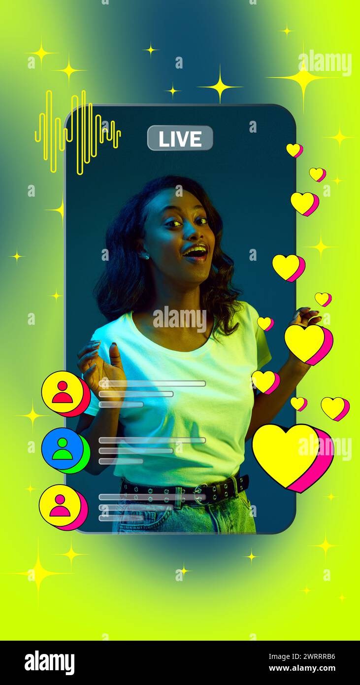 Excited happy young African woman inside mobile phone screen leading video stream surrounded by social media likes and followers icons. Creative Stock Photo