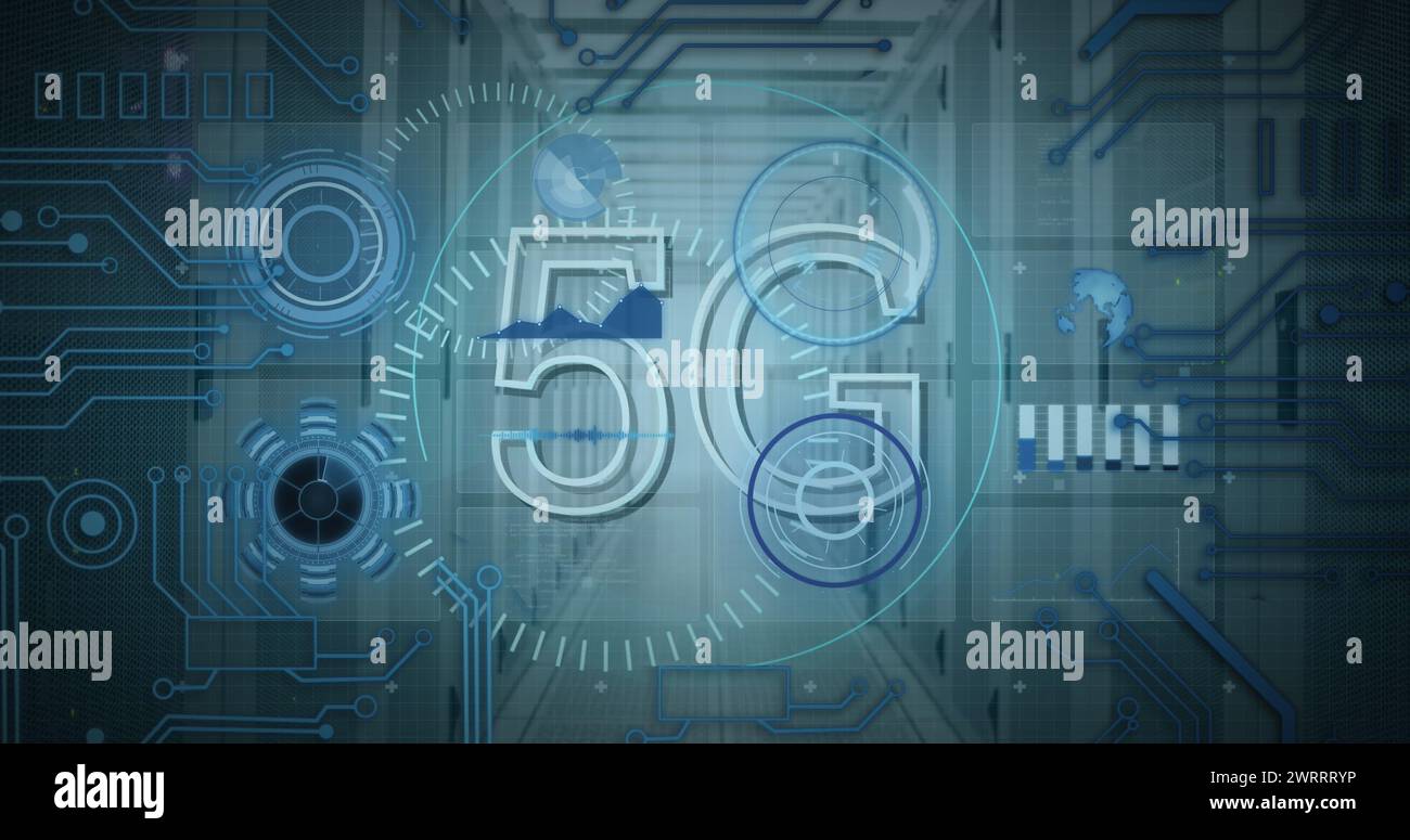 Image of 5g and processing circles over servers Stock Photo - Alamy