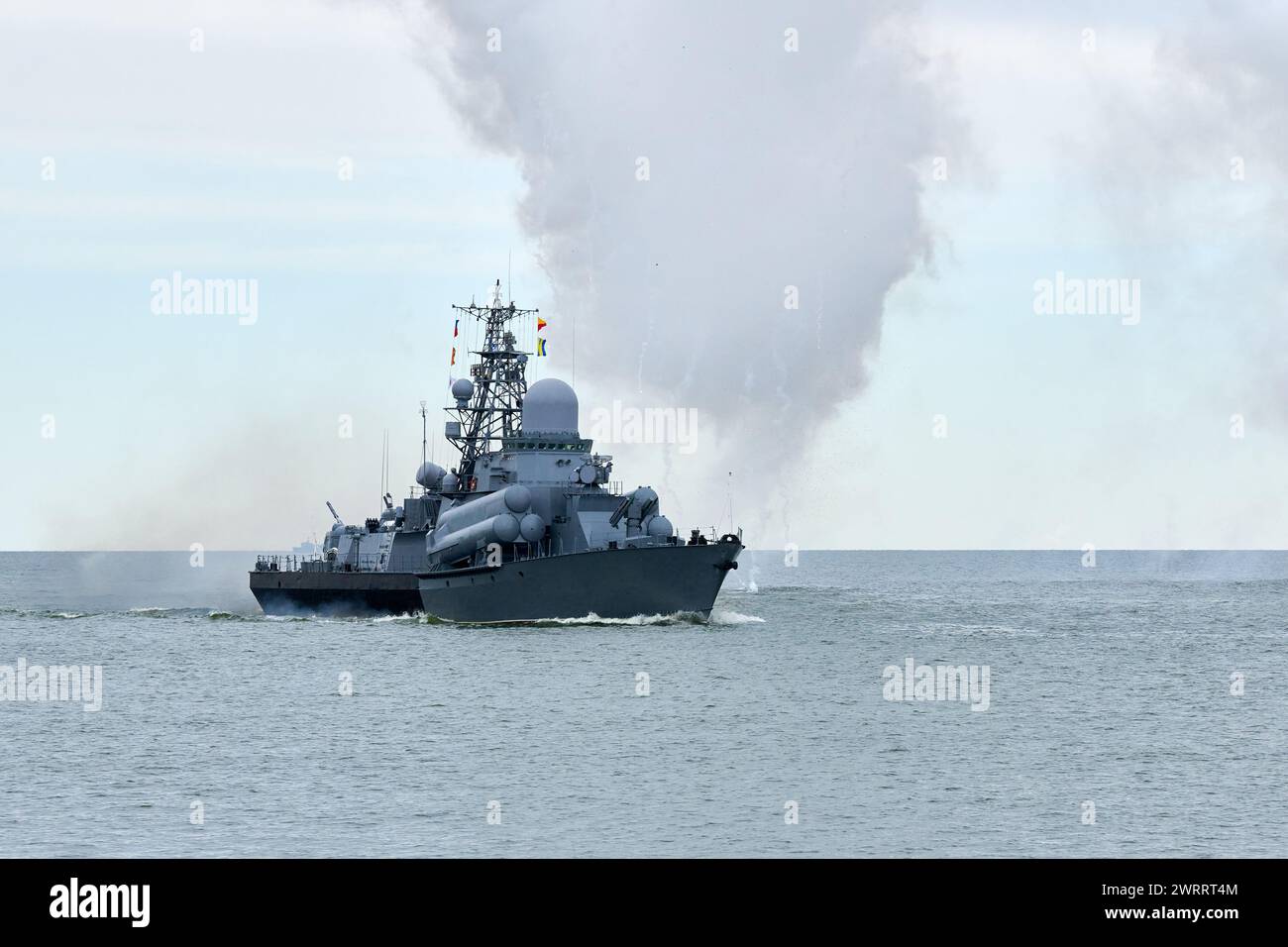 Russian warship fired decoy flares for self defense, sailing at sea ...