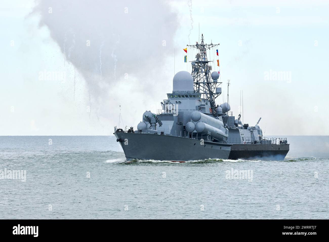 Russian warship fired decoy flares for self defense, sailing at sea ...