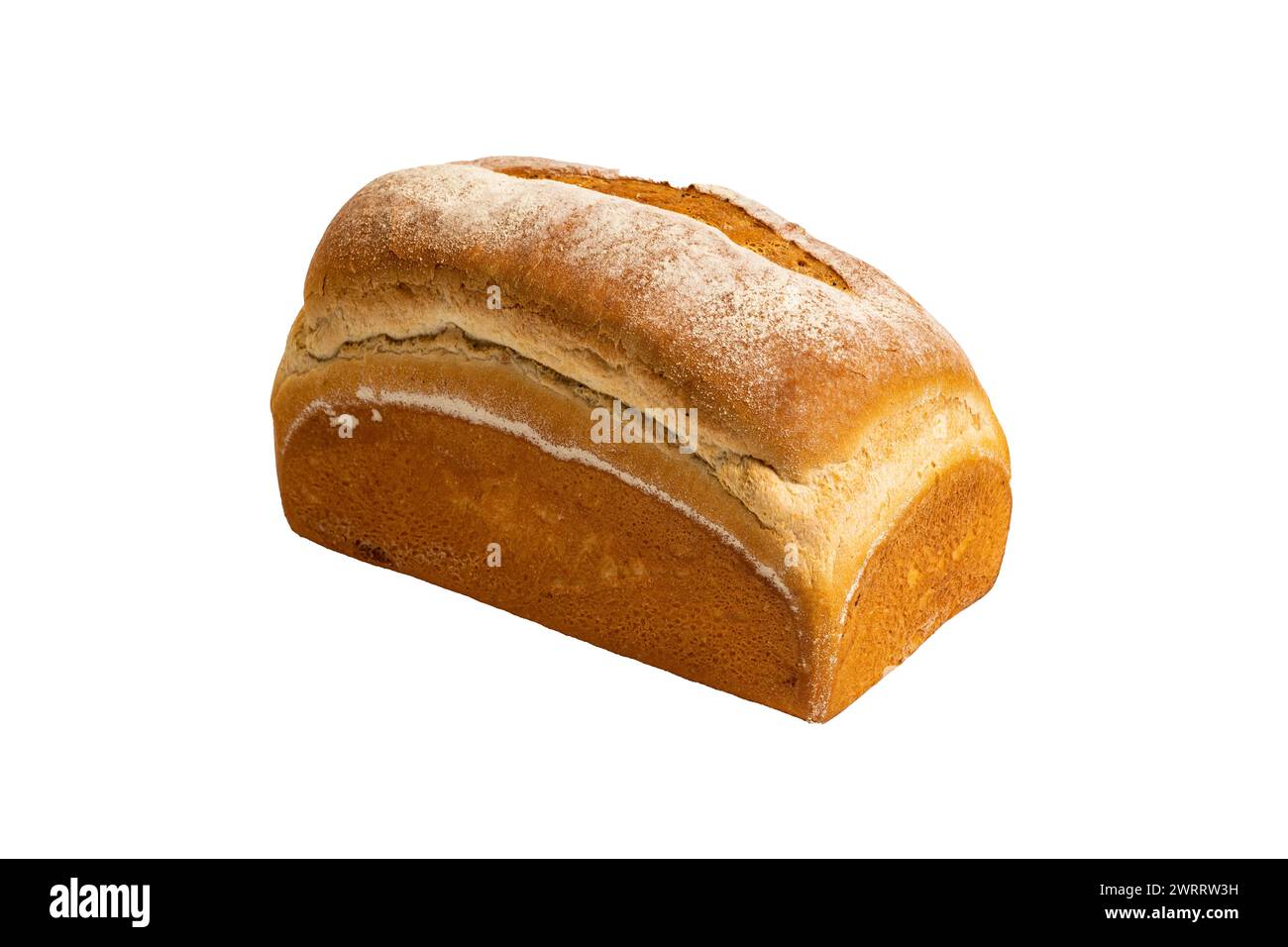 The bakery product of a white farmhouse loaf of bread on a white background Stock Photo