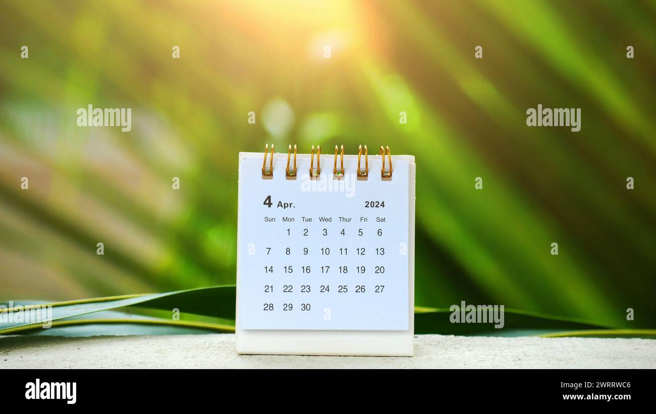 Desk calendar for April 2024 with sunlight in the garden Stock Photo