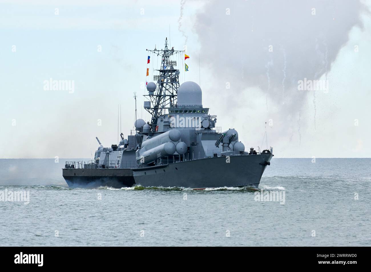 Russian warship fired decoy flares for self defense, sailing at sea ...