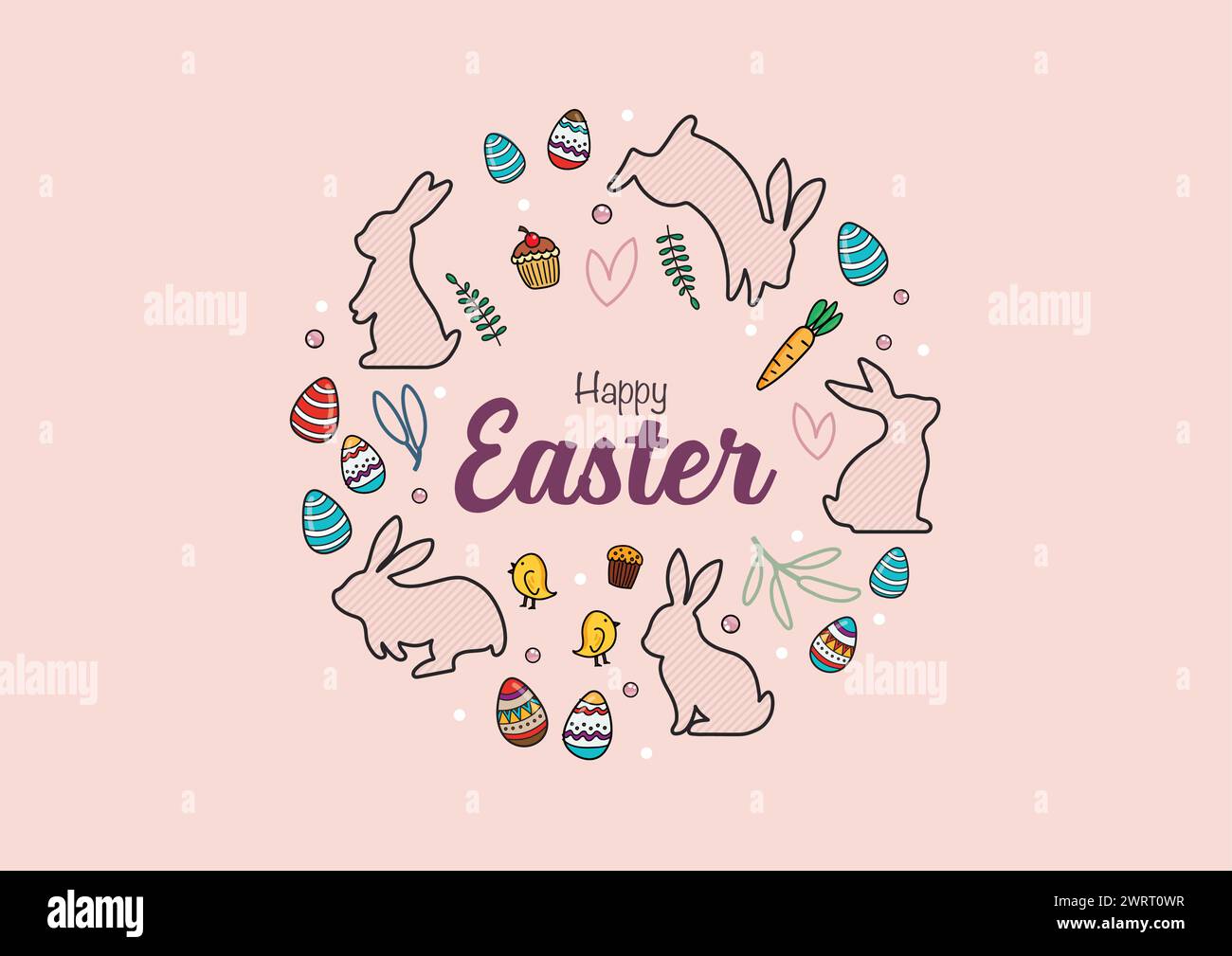 Happy easter card banner with bunnies doodle style. invitation card ...