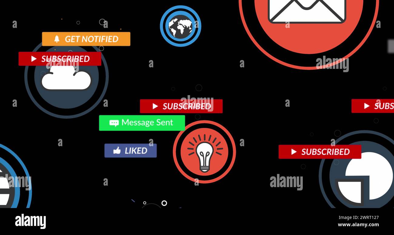 Image of social media icons with texts over icons on black background ...