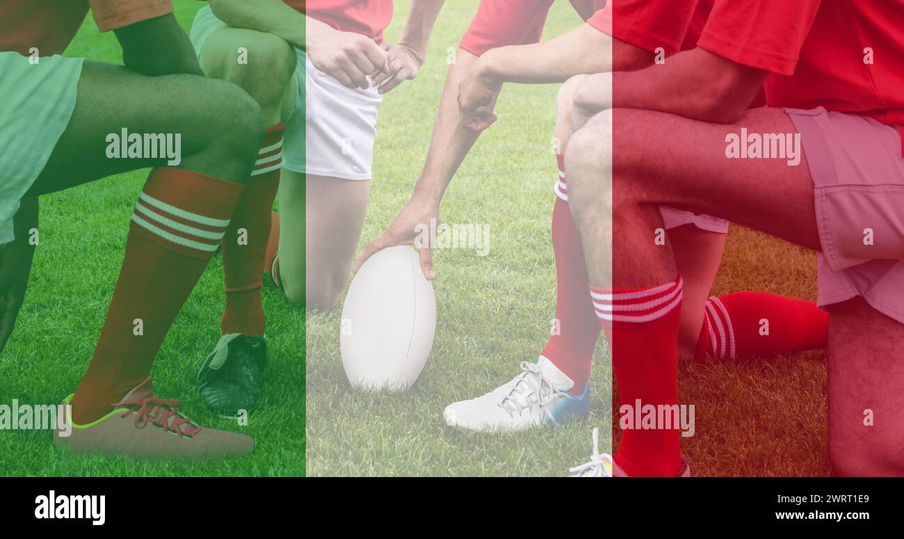 Golden confetti and italy waving flag against group of male rugby ...