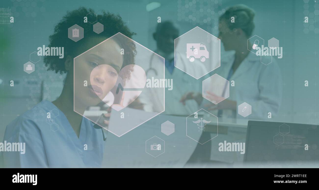 Image of medical icons over diverse doctors Stock Photo